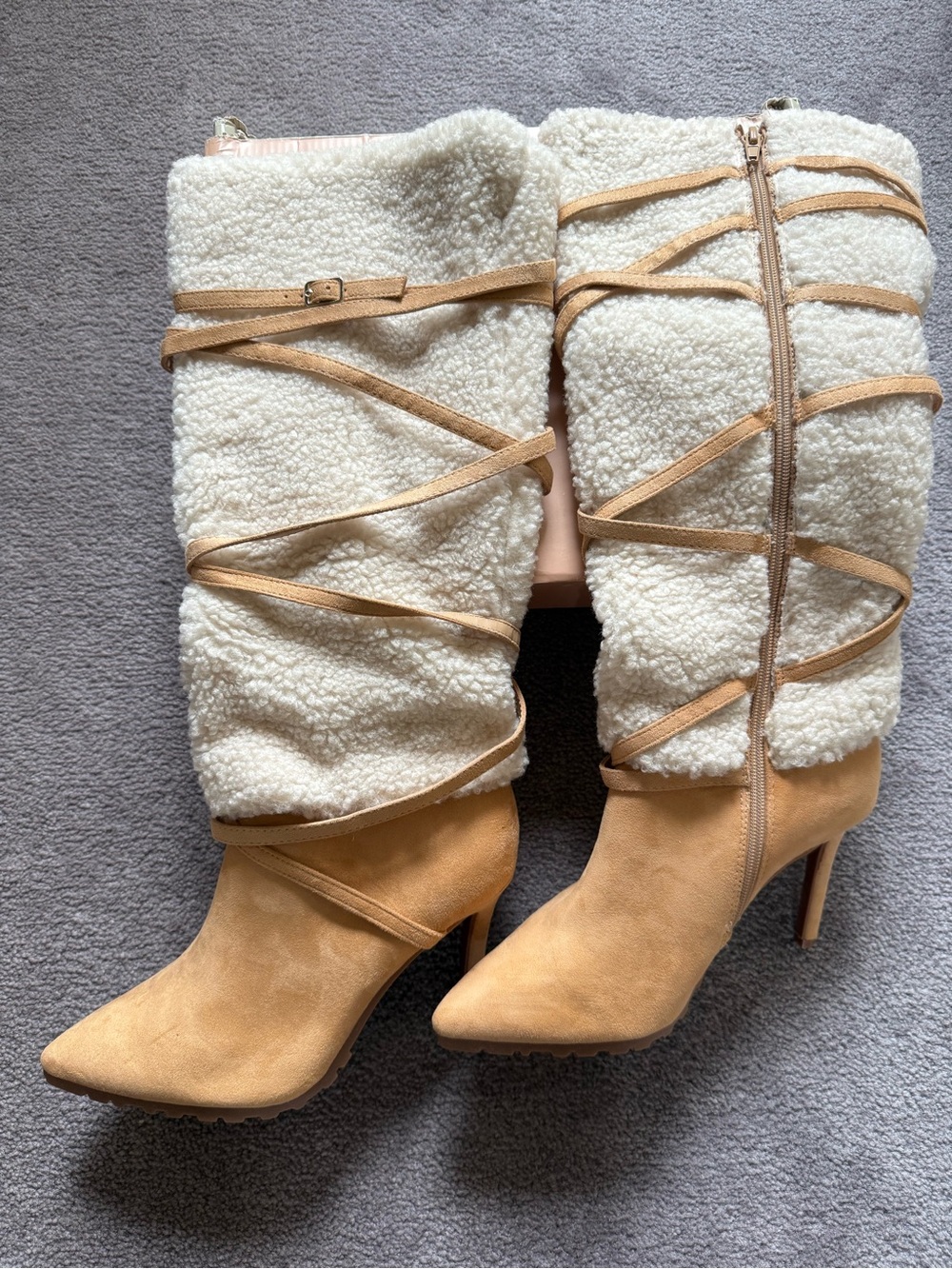 Thalia Sodi Faux Shearling Knee-High Stiletto Boots in Cream and Tan